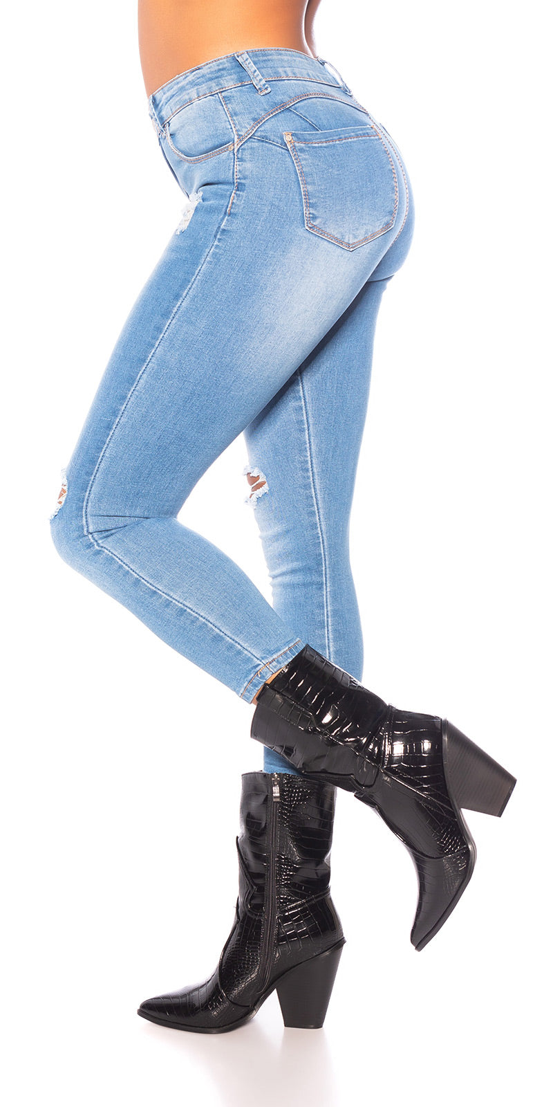 Seksowne jeansy skinny z wysokim stanem i przetarciami