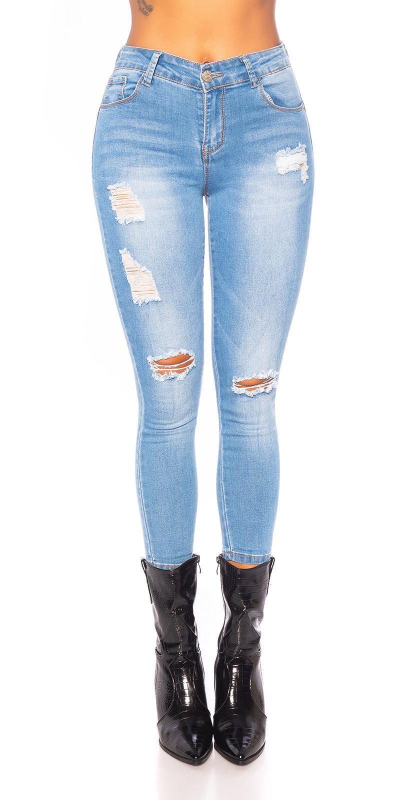 Seksowne jeansy skinny z wysokim stanem i przetarciami