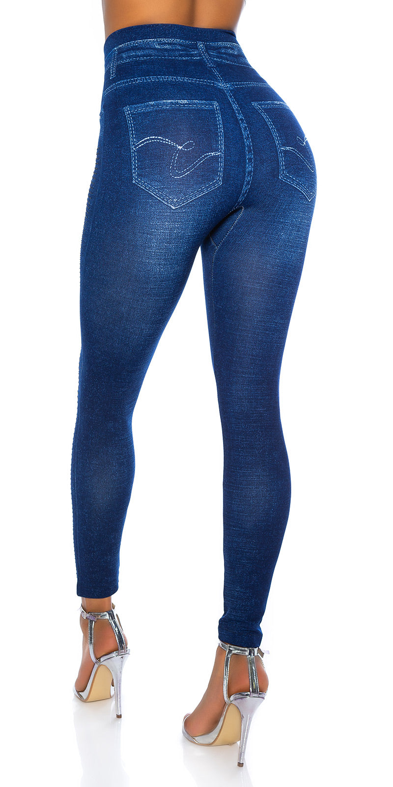 Modne legginsy Jeanslook z metalowymi płytkami