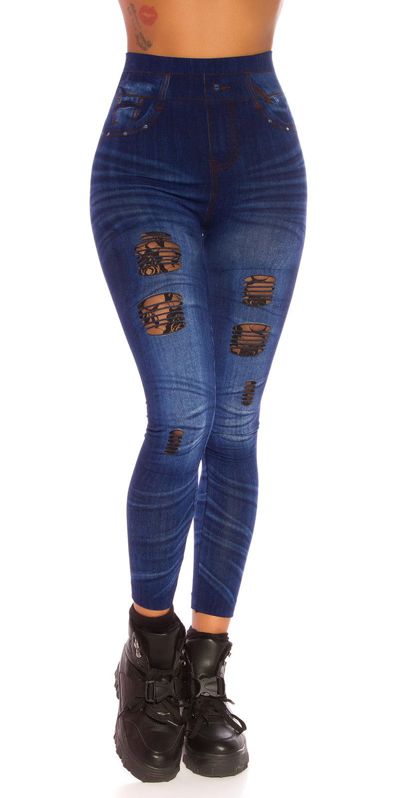 Seksowne legginsy Jeanslook z koronkowymi wycięciami