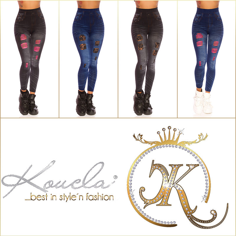 Seksowne legginsy Jeanslook z koronkowymi wycięciami