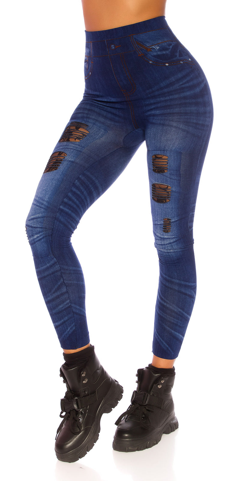Seksowne legginsy Jeanslook z koronkowymi wycięciami