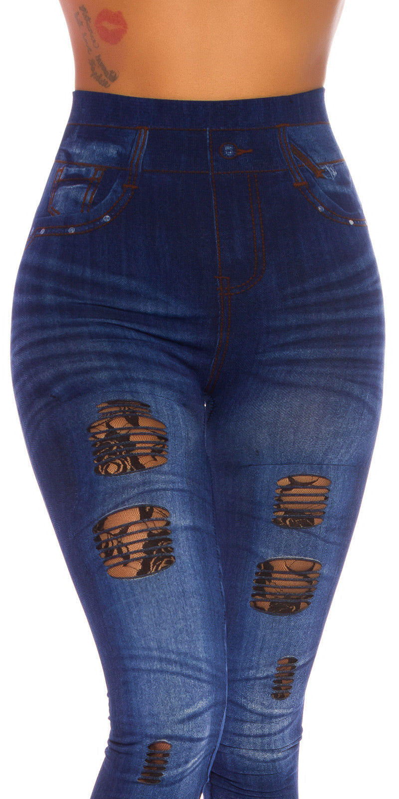 Seksowne legginsy Jeanslook z koronkowymi wycięciami