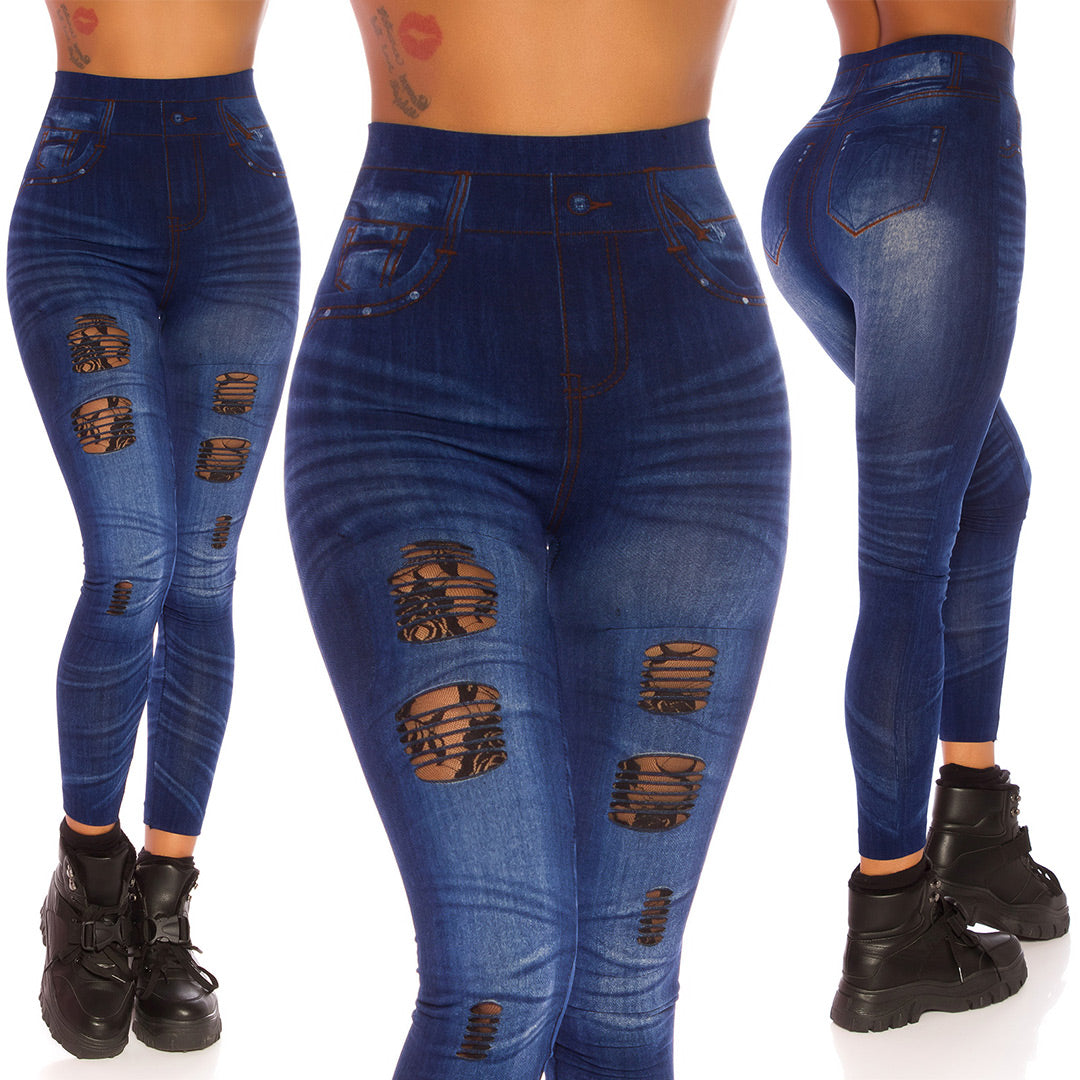 Seksowne legginsy Jeanslook z koronkowymi wycięciami