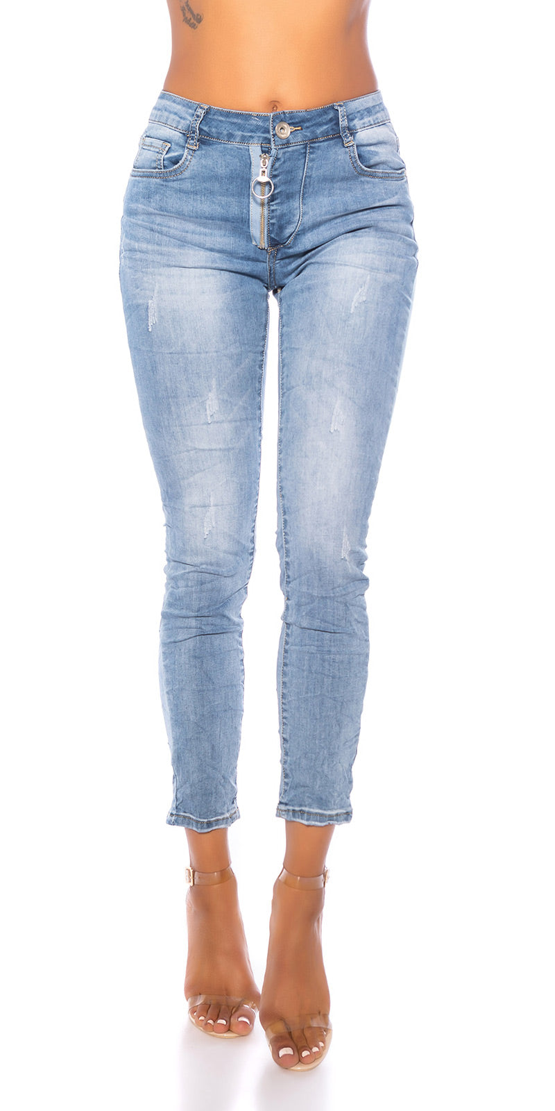 Seksowne jeansy skinny z odsłoniętym zamkiem błyskawicznym