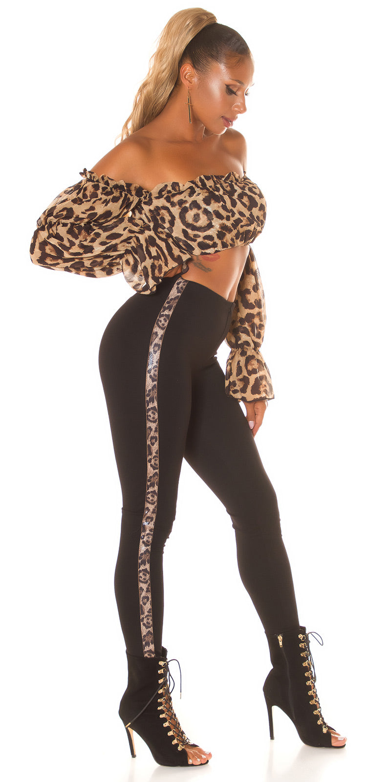 Seksowne spodnie z wysokim stanem Skinny Fit z nadrukiem Leo