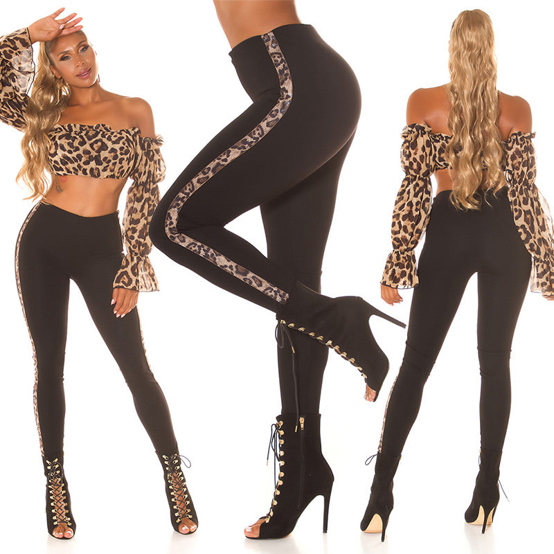 Seksowne spodnie z wysokim stanem Skinny Fit z nadrukiem Leo