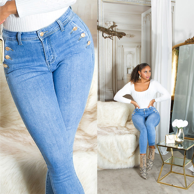 Seksowne jeansy skinny z wysokim stanem i guzikami
