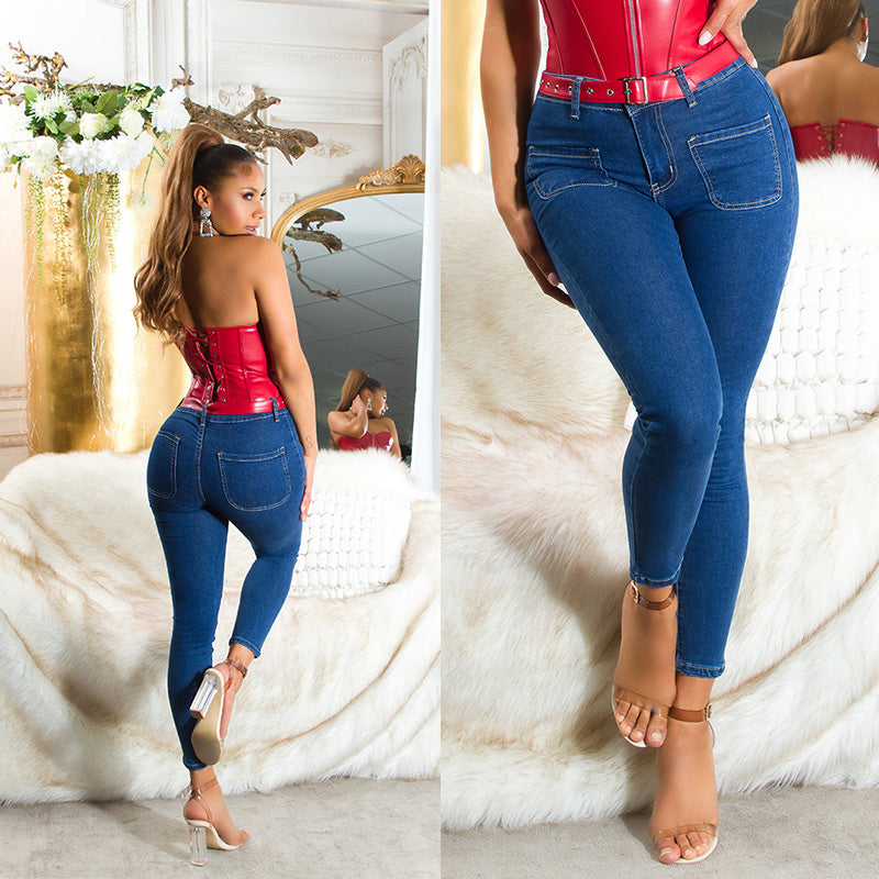 Seksowne jeansy skinny z wysokim stanem i kieszonkami