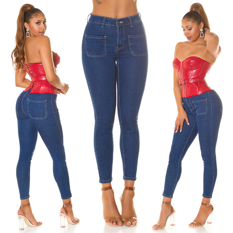Seksowne jeansy skinny z wysokim stanem i kieszonkami