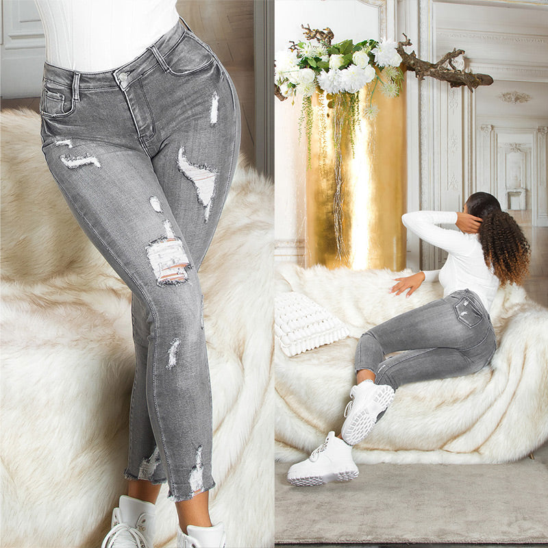 Seksowne dżinsy z wysokim stanem i push-upem Used Look