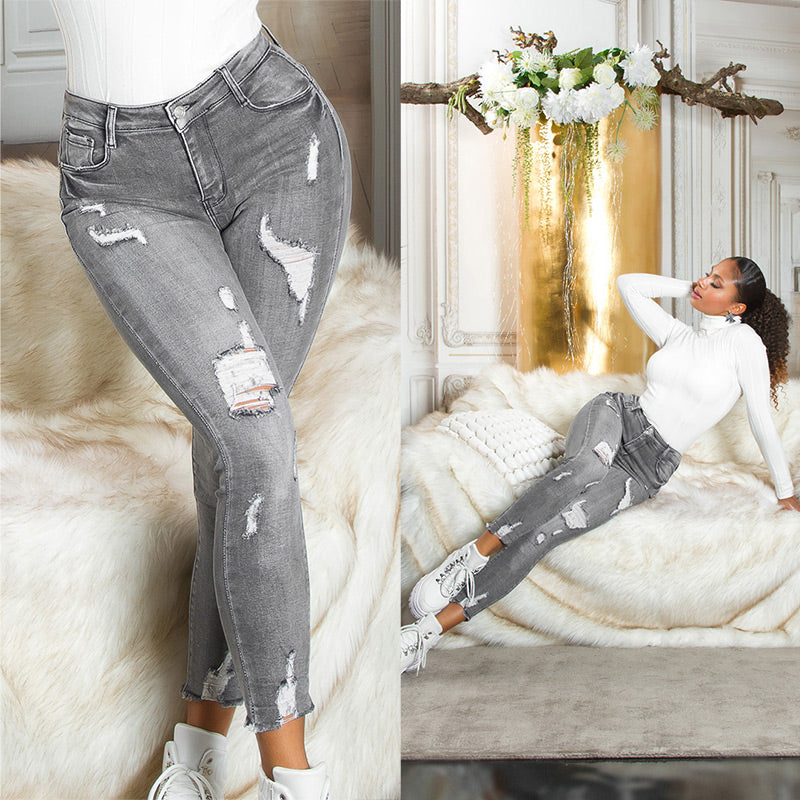 Seksowne dżinsy z wysokim stanem i push-upem Used Look