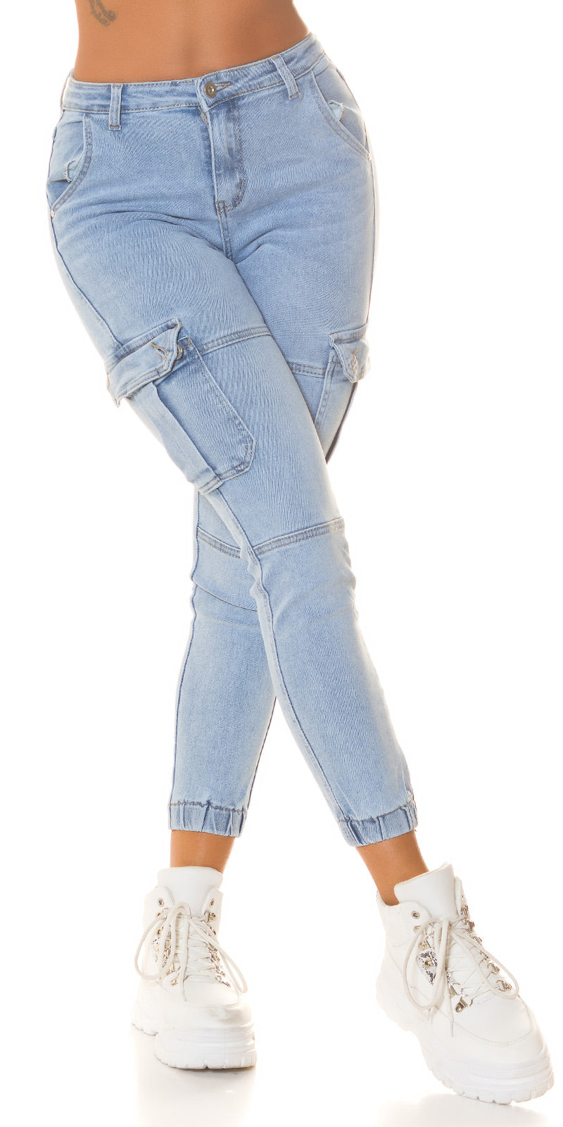 Seksowne jeansy skinny z wysokim stanem w stylu cargo