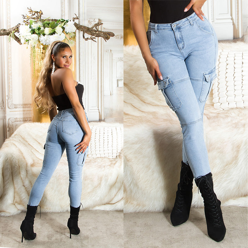 Seksowne jeansy skinny z wysokim stanem w stylu cargo