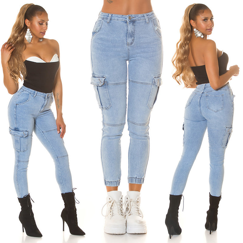 Seksowne jeansy skinny z wysokim stanem w stylu cargo