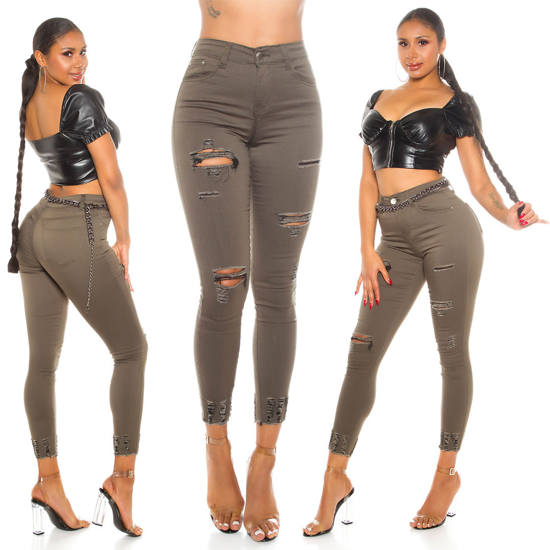 Seksowne jeansy skinny z przetarciami w kolorze khaki
