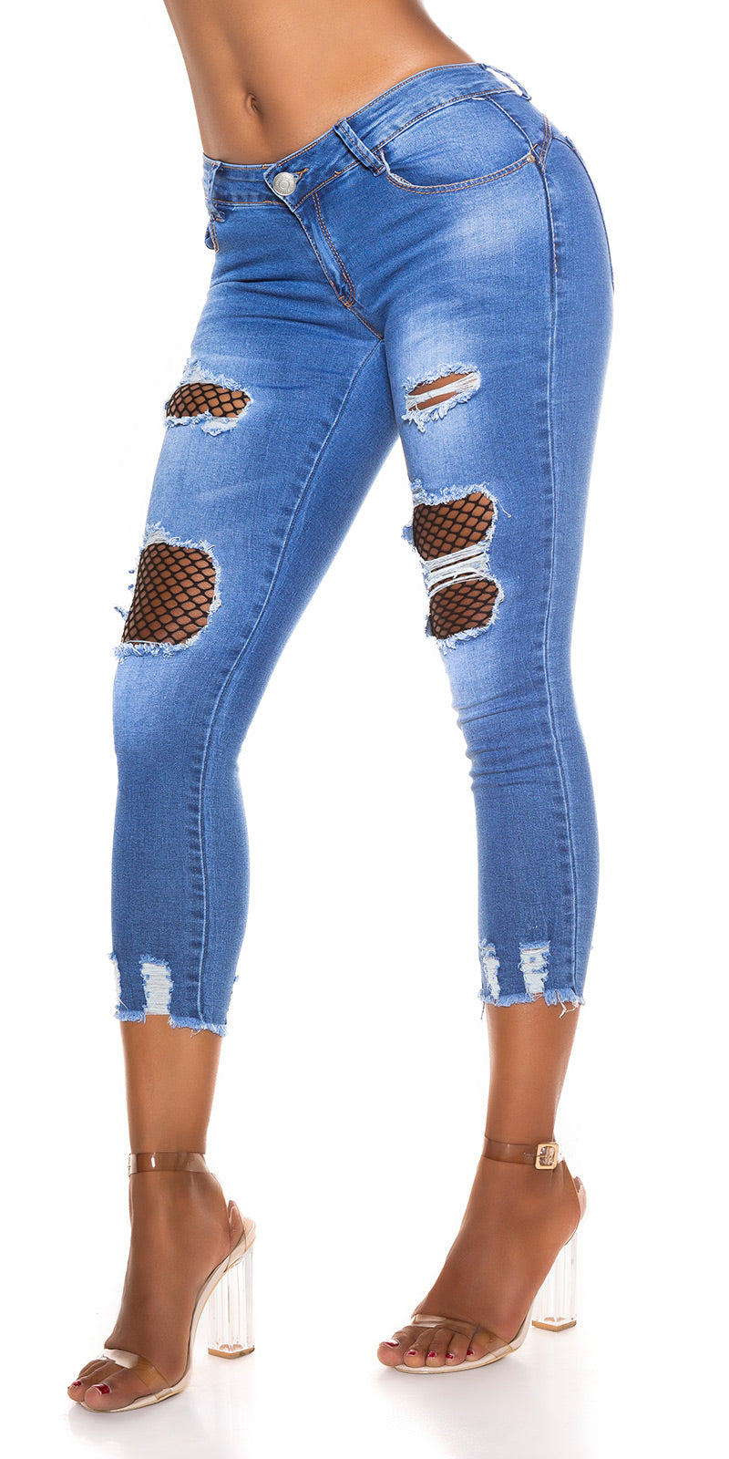 Seksowne jeansy skinny z naszywkami z siateczki