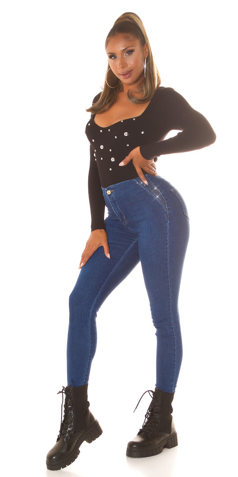 Seksowne jeansy skinny z wysokim stanem i brokatowymi detalami