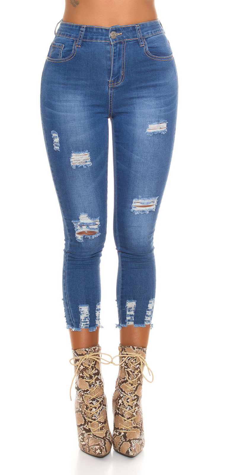 Seksowne jeansy skinny z wysoką talią i rantami