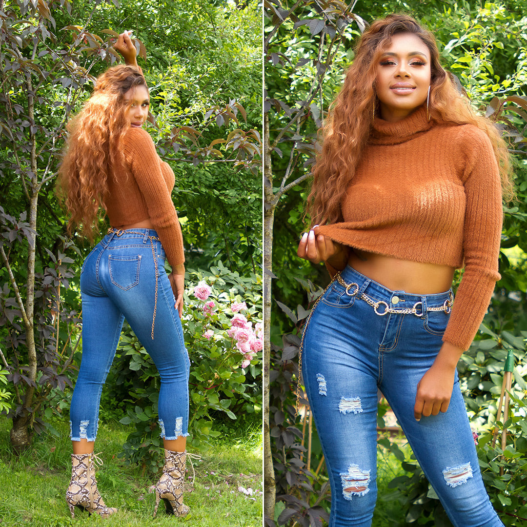 Seksowne jeansy skinny z wysoką talią i rantami