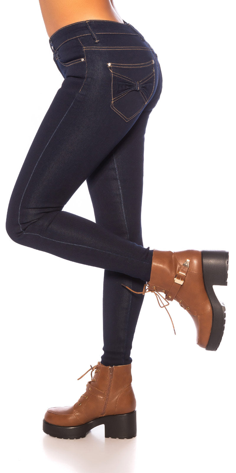Seksowne jeansy skinny z kokardą
