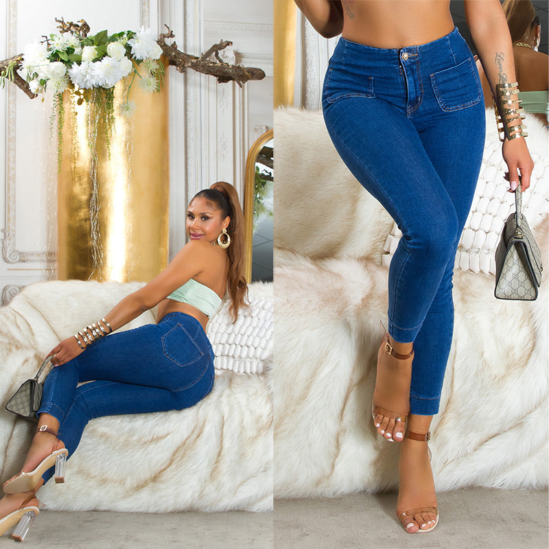 Seksowne jeansy skinny z wysokim stanem i kieszeniami
