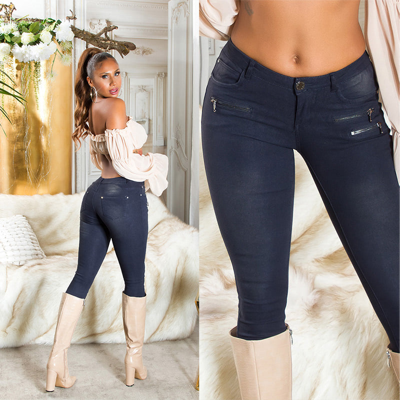 Seksowne jeansy skinny z zamkiem błyskawicznym i brokatowymi nitami