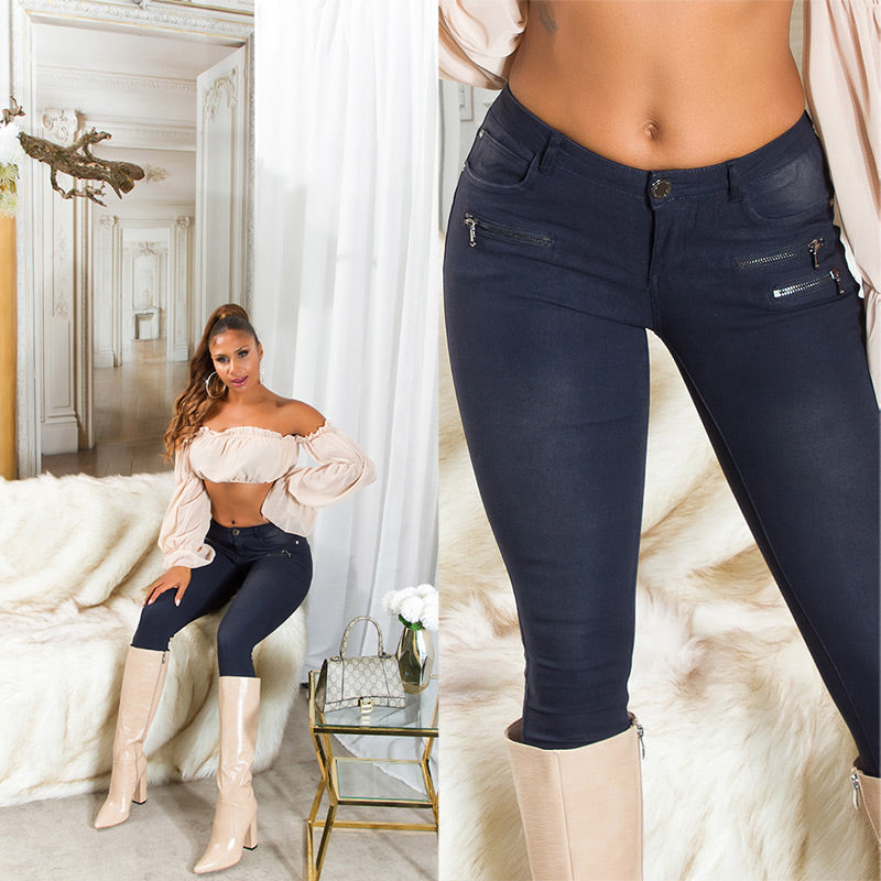 Seksowne jeansy skinny z zamkiem błyskawicznym i brokatowymi nitami