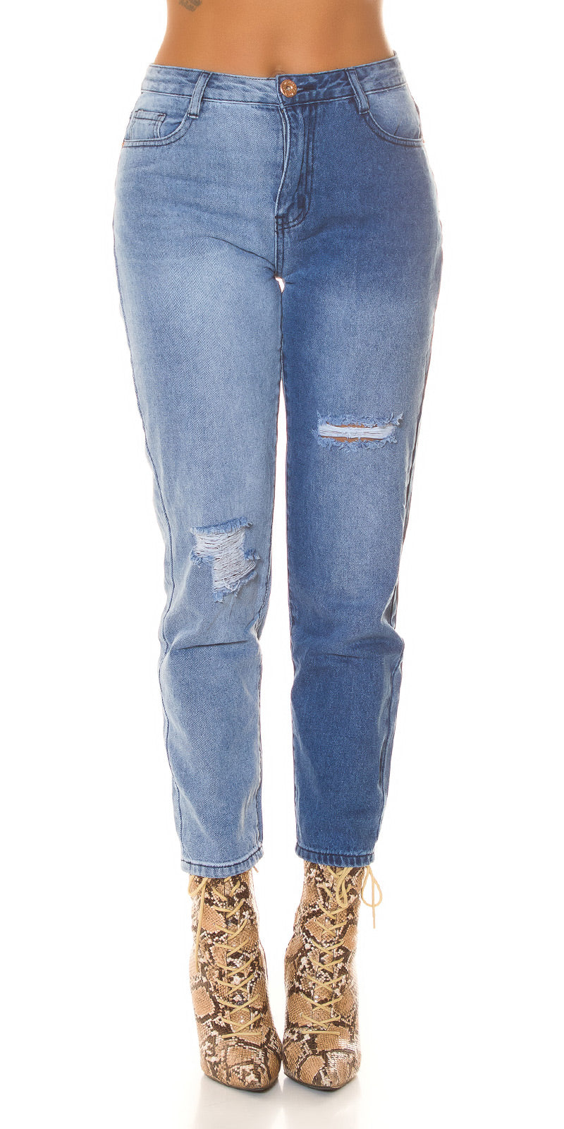 Seksowne dwukolorowe jeansy Mom Jeans z wysokim stanem - Used Look