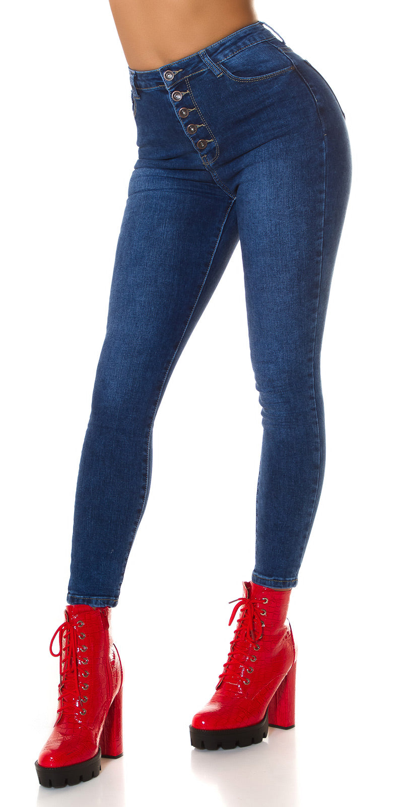 Seksowne jeansy skinny z wysokim stanem i 5 guzikami