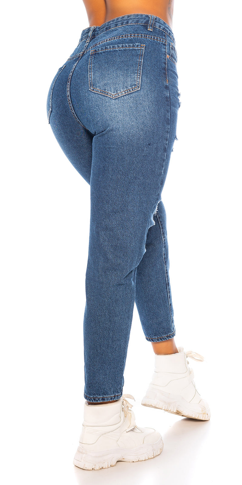 Seksowne jeansy z wysokim stanem i rozdarciami MOM FIT