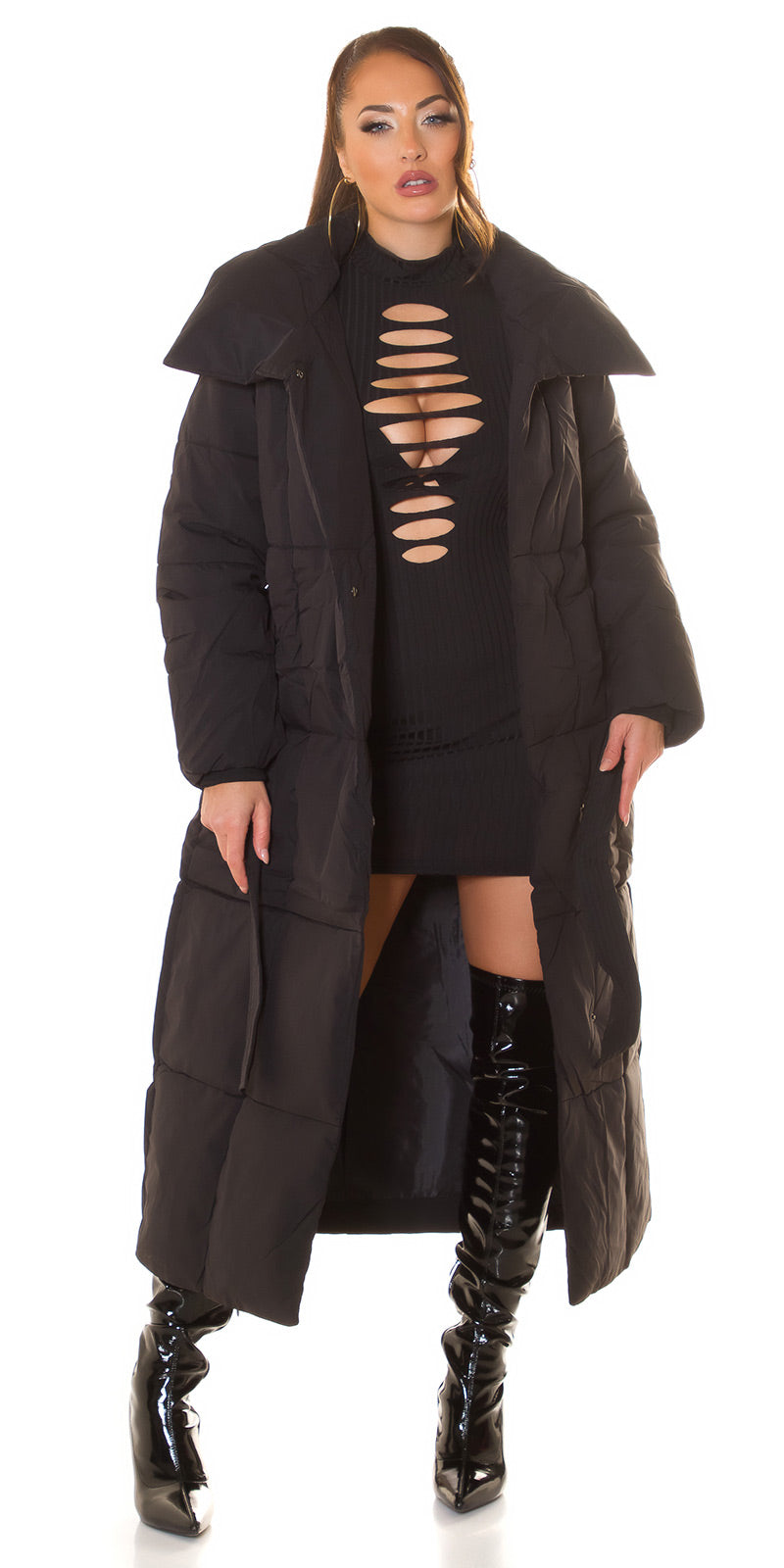 Bardzo długa kurtka zimowa Sexy Fashionista z paskiem