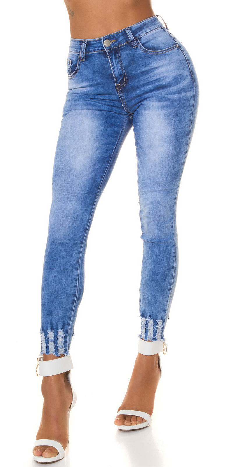 Seksowne jeansy z wysokim stanem i przetarciami Acid Washed Look