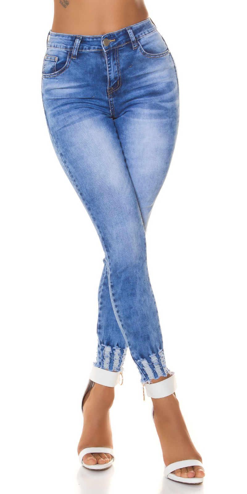 Seksowne jeansy z wysokim stanem i przetarciami Acid Washed Look