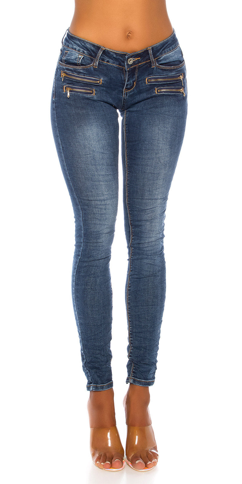 Seksowne jeansy skinny z niską talią i zamkiem błyskawicznym