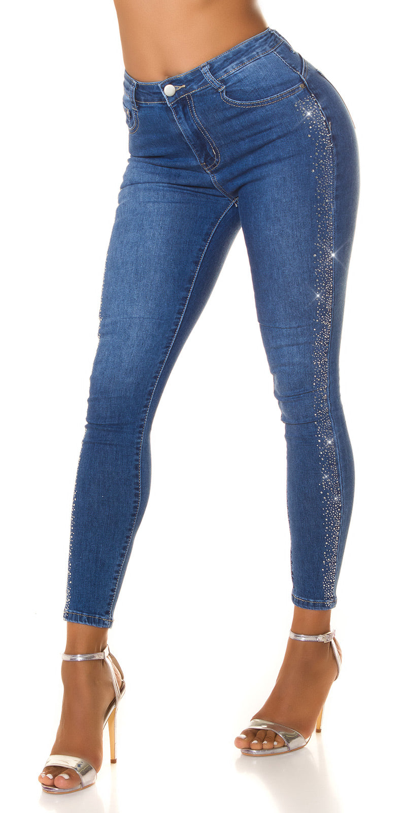 Seksowne jeansy skinny z wysokim stanem i dżetami