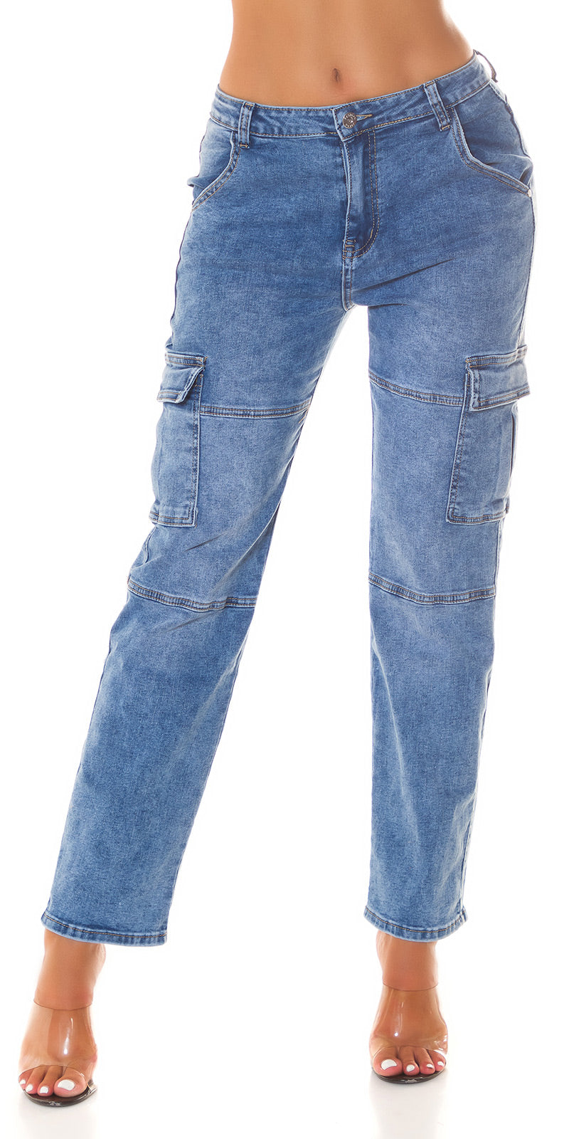 Modne jeansy cargo z niską talią