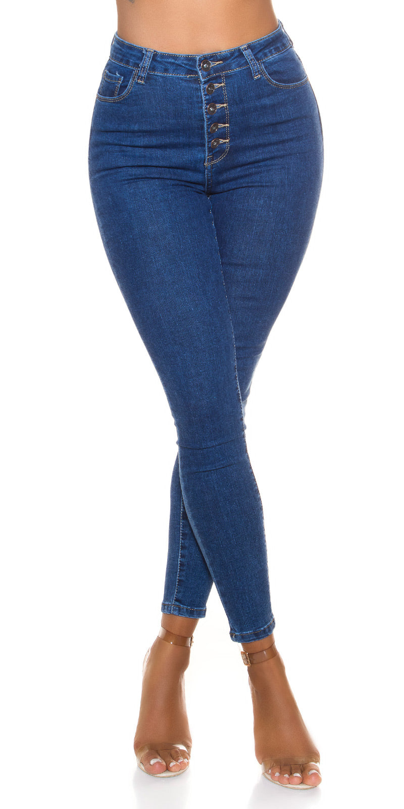 Seksowne jeansy skinny z wysoką talią i otwartym rzędem guzików