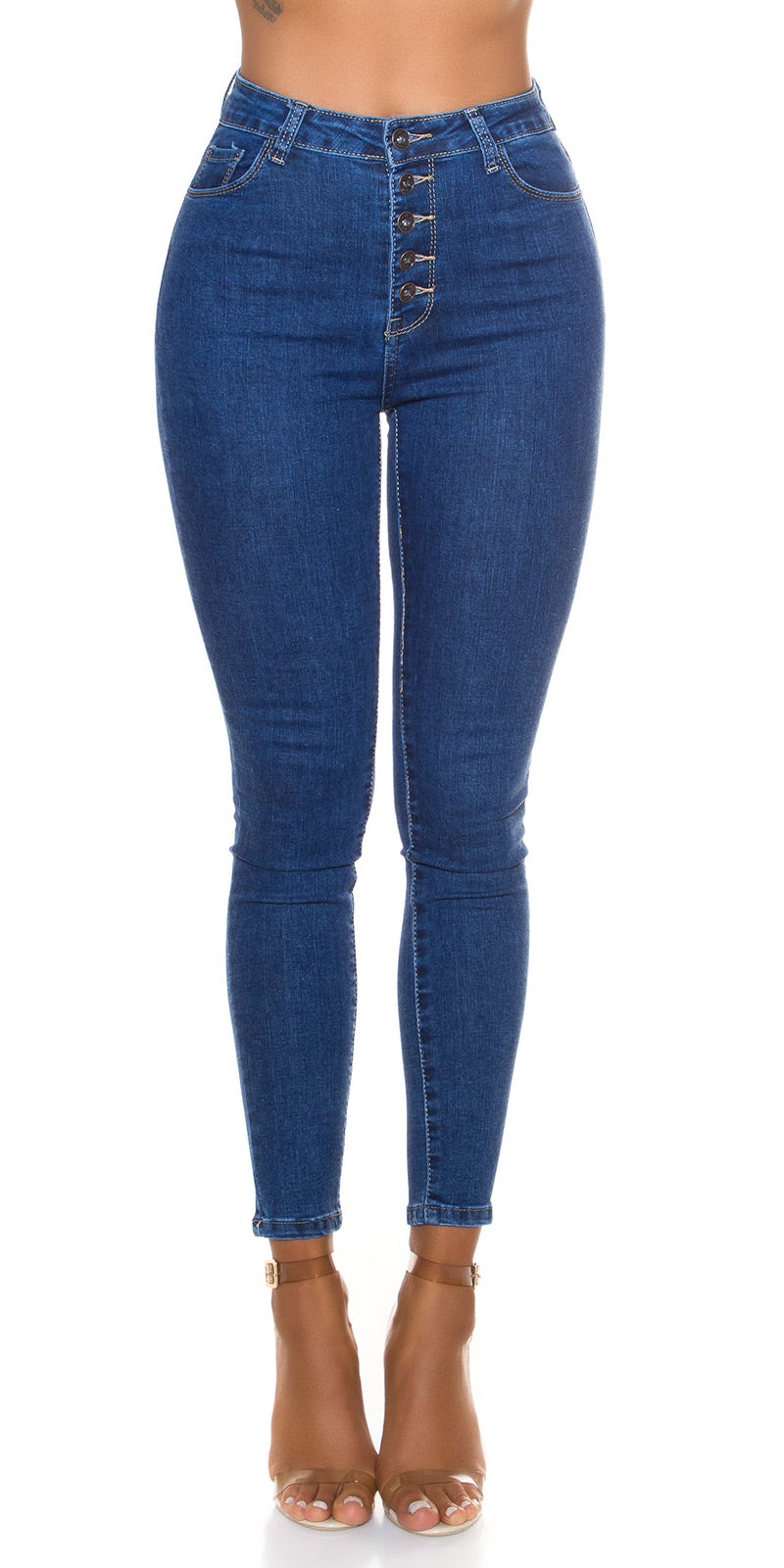 Seksowne jeansy skinny z wysoką talią i otwartym rzędem guzików