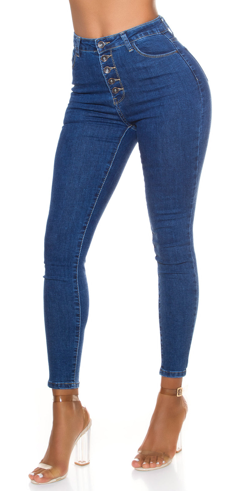 Seksowne jeansy skinny z wysoką talią i otwartym rzędem guzików