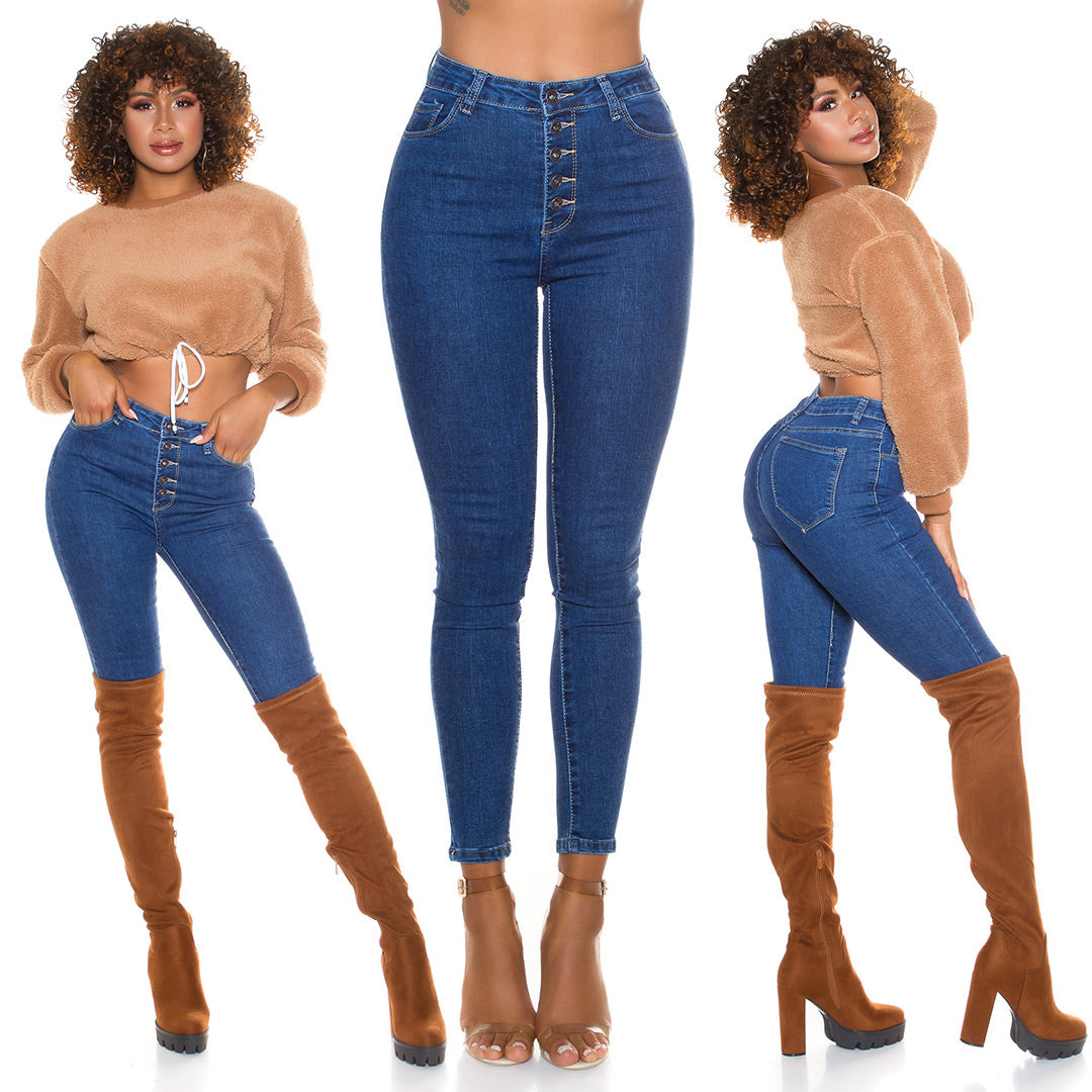 Seksowne jeansy skinny z wysoką talią i otwartym rzędem guzików