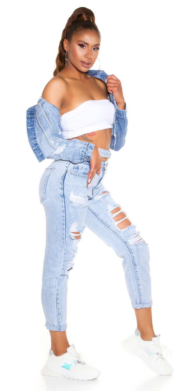 Seksowne jeansy Mom Fit z podwójną talią