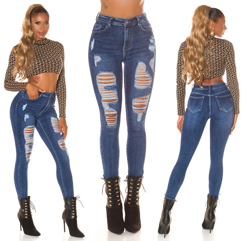 Seksowne jeansy skinny z wysokim stanem, ciemny denim