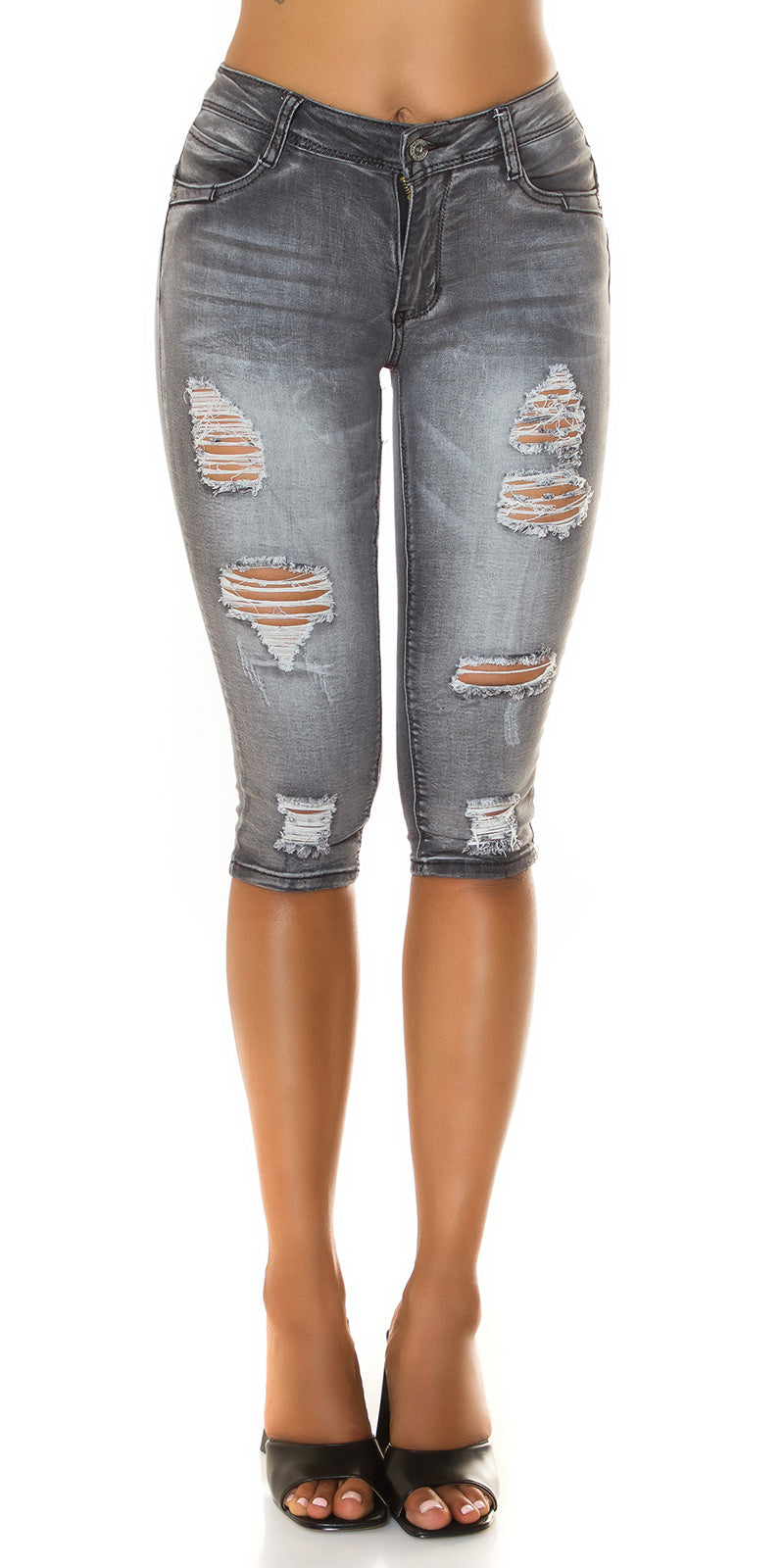 Seksowne jeansy Capri w stylu used look