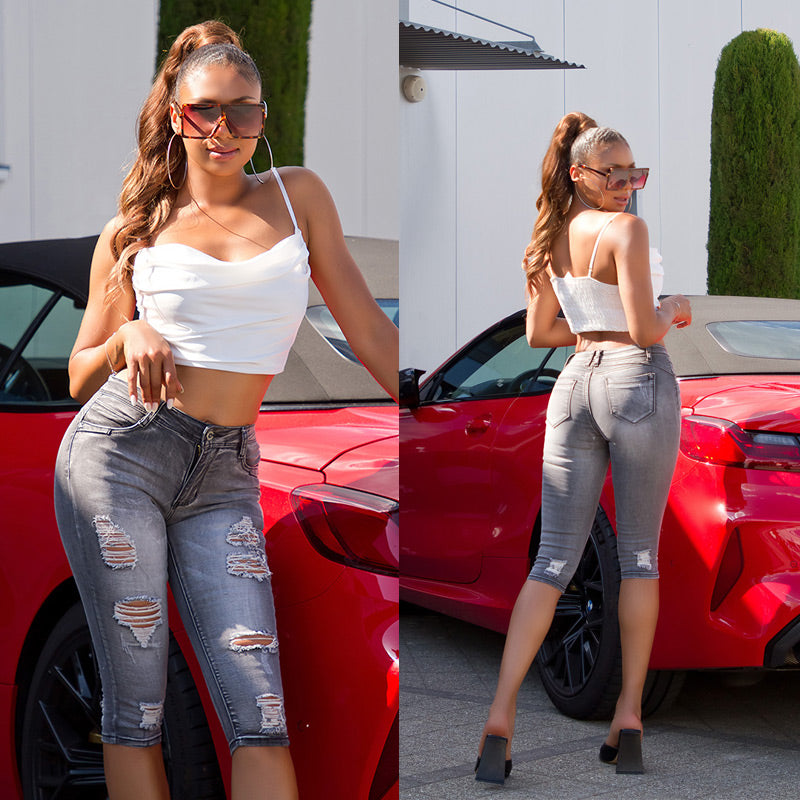 Seksowne jeansy Capri w stylu used look