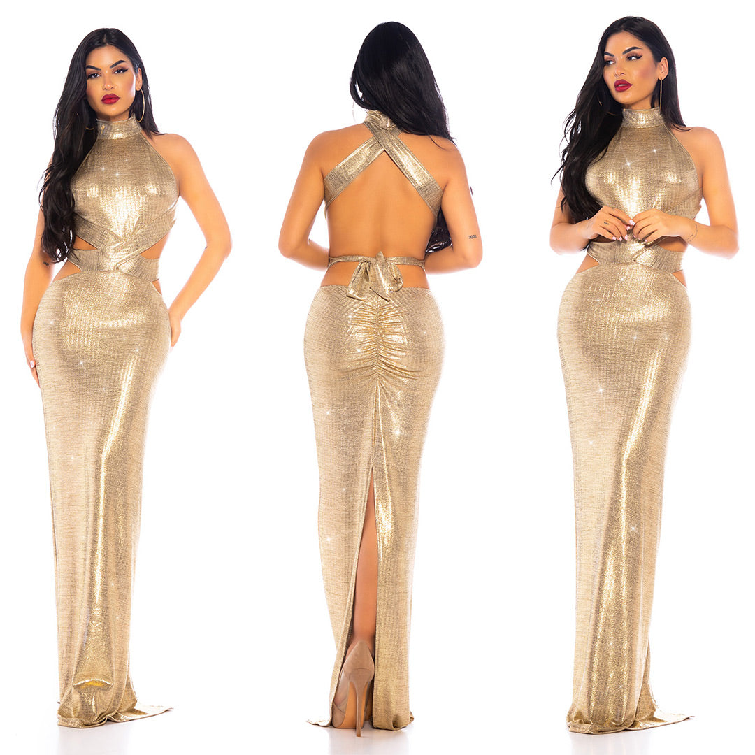 Seksowna sukienka bez pleców Maxidress GOLD