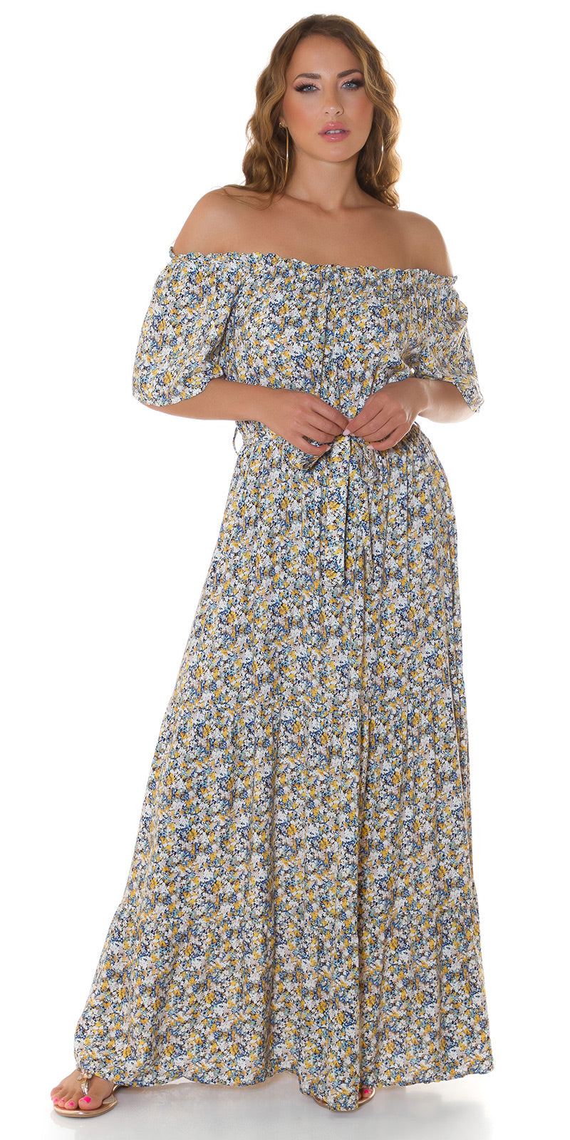 Modna sukienka Maxidress z odkrytymi ramionami i kwiatowym nadrukiem
