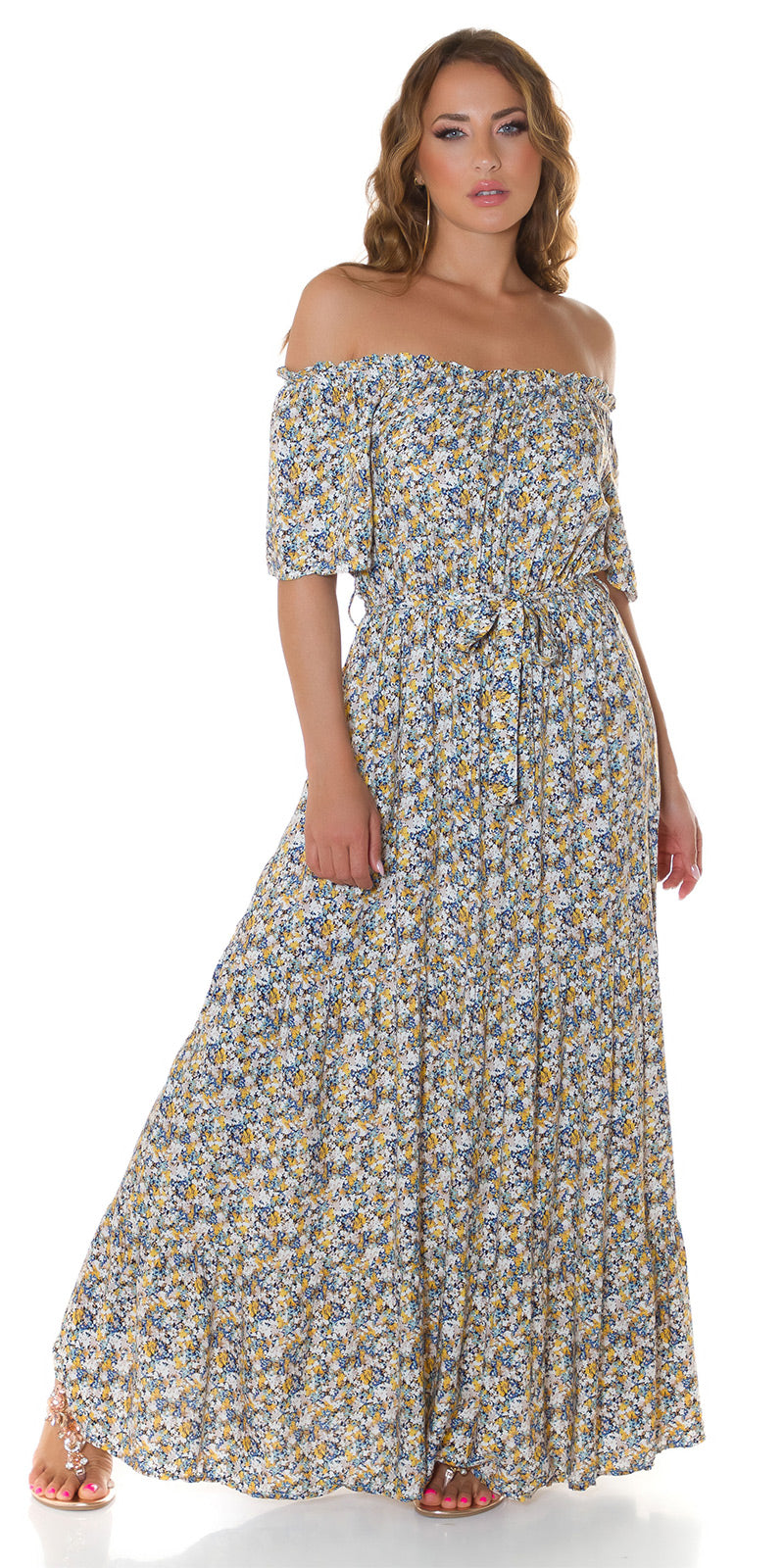 Modna sukienka Maxidress z odkrytymi ramionami i kwiatowym nadrukiem
