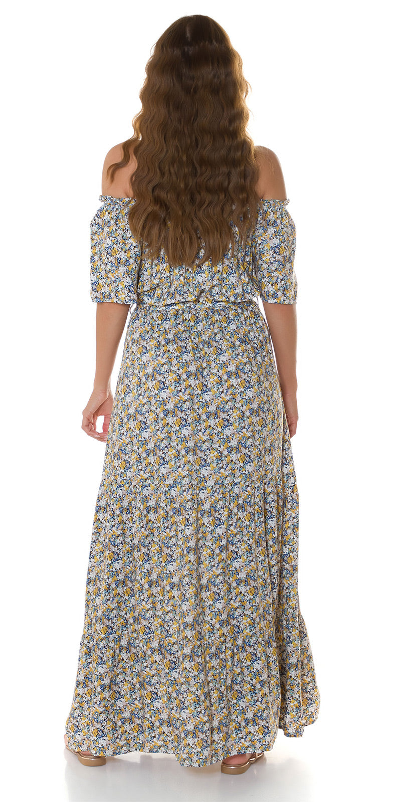 Modna sukienka Maxidress z odkrytymi ramionami i kwiatowym nadrukiem