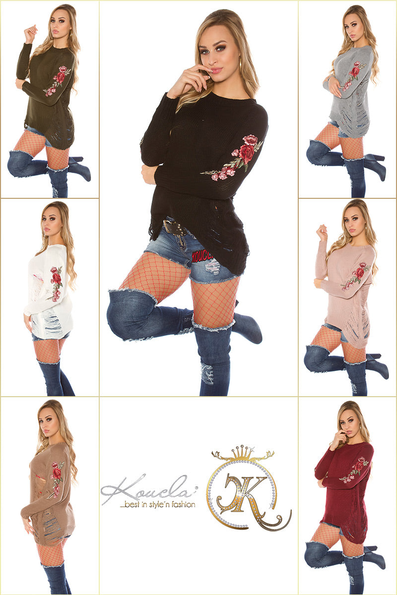 Modny długi sweter z naszywkami Used Look